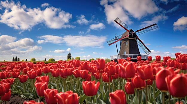 ai-generated-traditional-dutch-windmill-and-colorful-stripes-of-tulips-field-holland-photo